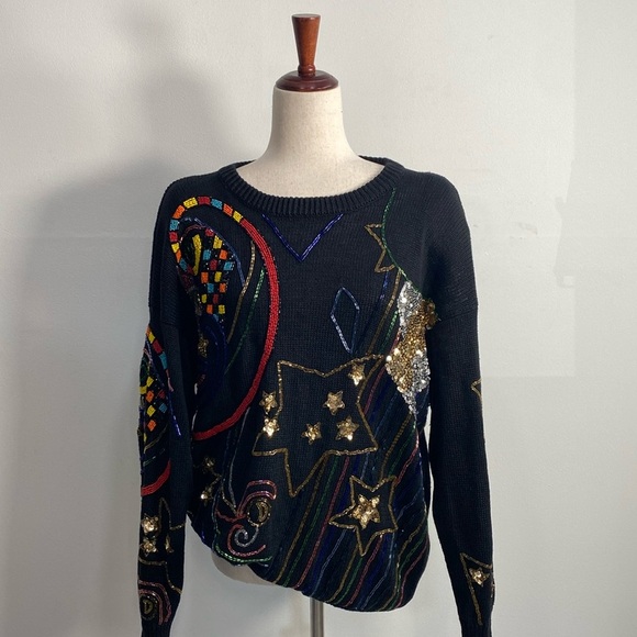 Vtg Sequin Beaded Star Print Sweater Rainbow Waves Medium Made in Hong Kong - Picture 3 of 16